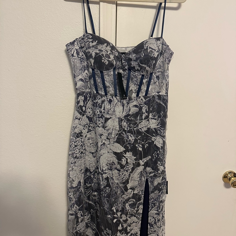Lulu's Strapless Floral Dress - Navy and White